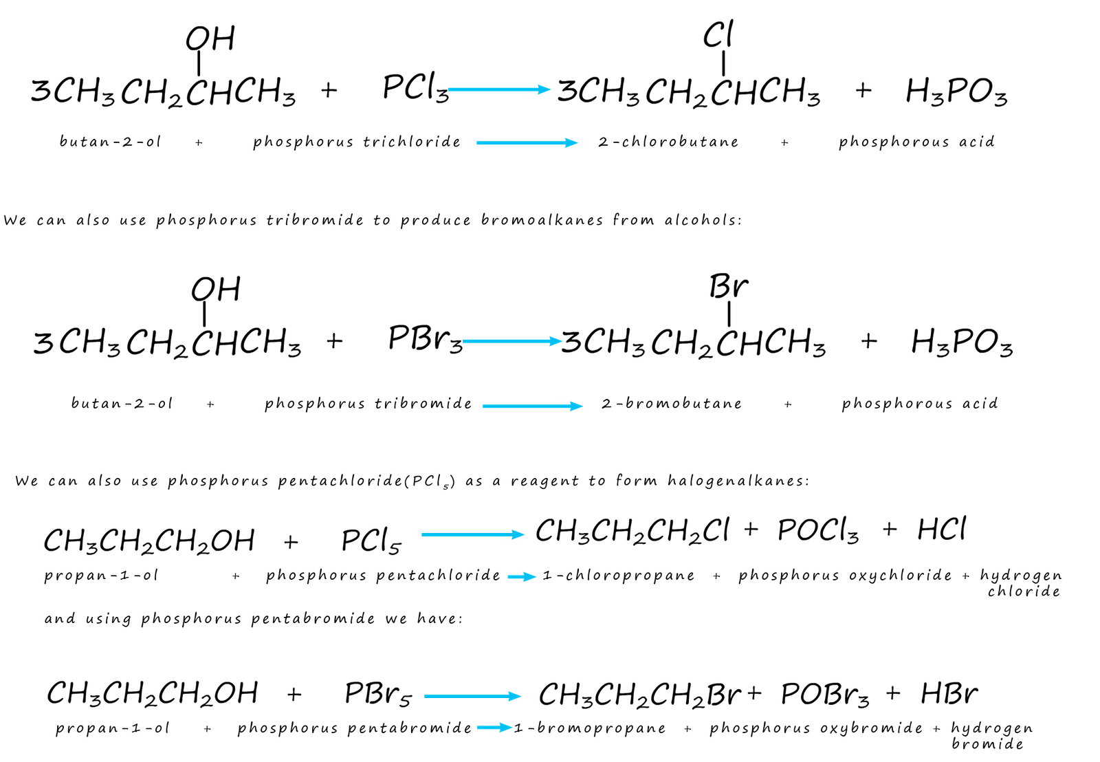 Word and balanced symbolic equations to show the halogenation of alcohols with chlorine, and bromine.
